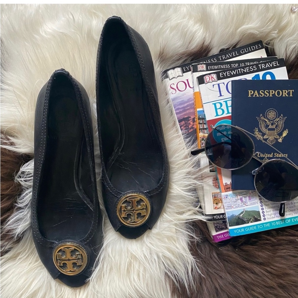 TORY BURCH Black Gold Peep Toe Wedge Heel Shoes